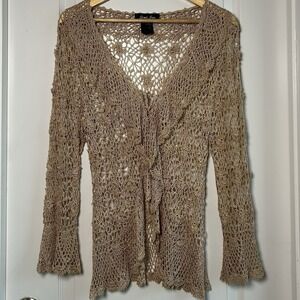 Simi Sue Gold Metallic Lurex Crochet Bell Sleeve Top Coachella Festival‎ Style